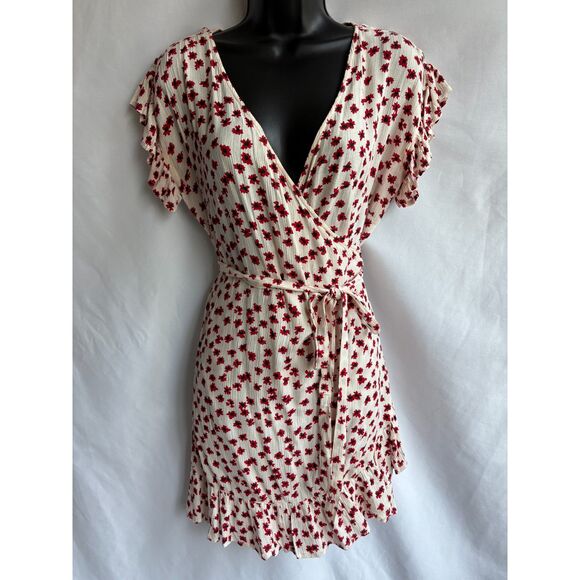 Billabong Wrap and Roll Dress White Red Mini Floral Ruffle Hem Size M Romantic - Picture 2 of 12